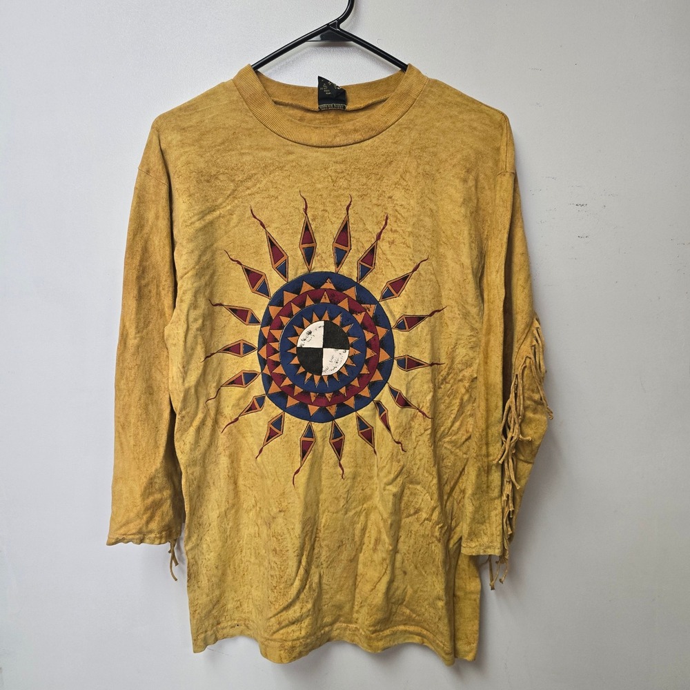Vtg Factory Artwear Fringe Long Sleeve Graphic T-Shirt Sun Acid Wash Yellow M
